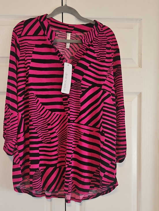Scarlett Tops - Scarlett Hot Pink and Black Striped V-Neck Knit Top